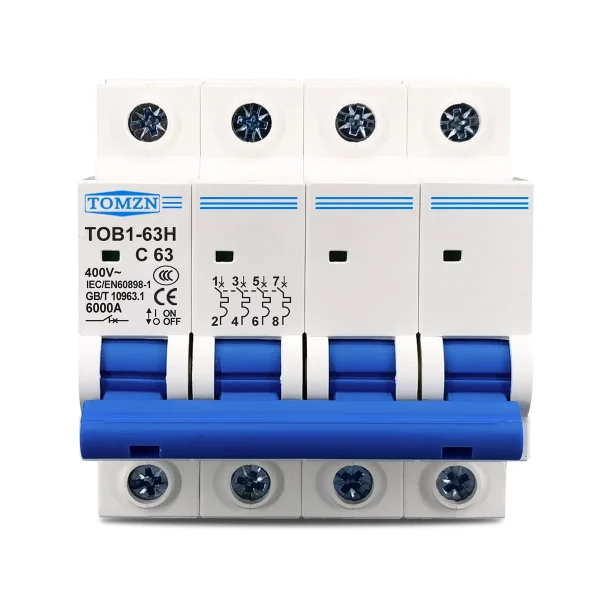4P 32A, 63A, Tomzn AC Breaker MCB TOB1-63, C type 230/400V~ 50HZ/60HZ Miniature Circuit Breaker