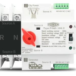 2P 125A, Din Rail ATS of TOMZN, L-N 220V 110V, Dual Power Automatic Transfer, Electrical Selector Switches Uninterrupted 63A, 100A, 125A