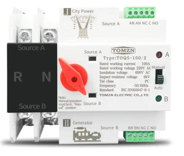 2P 125A, Din Rail ATS of TOMZN, L-N 220V 110V, Dual Power Automatic Transfer, Electrical Selector Switches Uninterrupted 63A, 100A, 125A