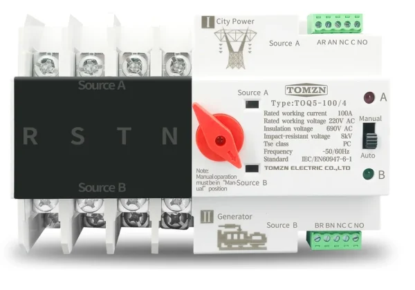 4P 125A, 3 Phase Din Rail ATS of TOMZN, L-N 220V, Dual Power Automatic Transfer, Electrical Selector Switches Uninterrupted 63A, 100A, 125A