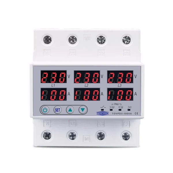 3 Phase 100A, VA Control Device, TOMZN Din rail, adjustable Over Under Voltage, current limit protection, Relay, VA Protector 4P