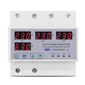 63A TOMZN 3 Phase 3P+N Din Rail Auto Phase Selector adjustable Over and Under Voltage current protection Monitor Relays Protector adjustable Over Under Voltage, current limit protection, Relay