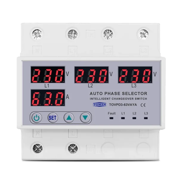 63A TOMZN 3 Phase 3P+N Din Rail Auto Phase Selector adjustable Over and Under Voltage current protection Monitor Relays Protector adjustable Over Under Voltage, current limit protection, Relay